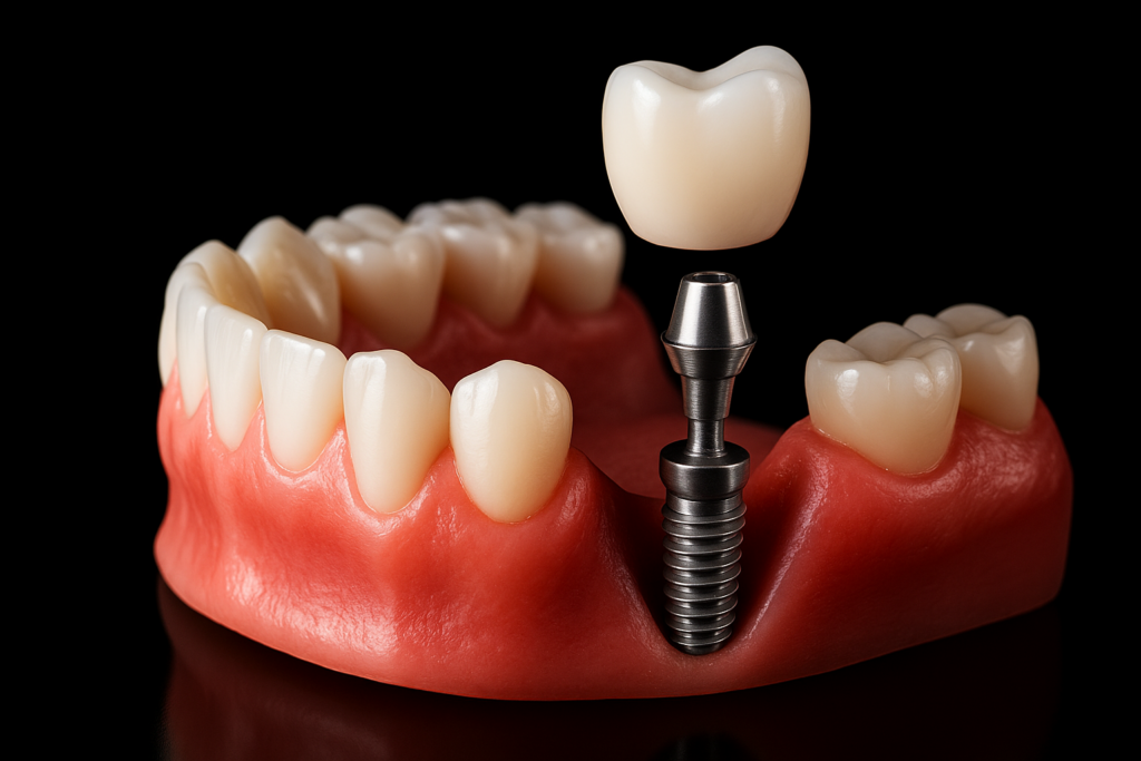 Os implantes dentários são uma solução segura e duradoura para substituir dentes perdidos, funcionando como raízes artificiais integradas no osso. Após este processo de integração, é colocada uma coroa dentária que reproduz a aparência e a função de um dente natural, devolvendo estabilidade, conforto e uma mastigação eficaz.